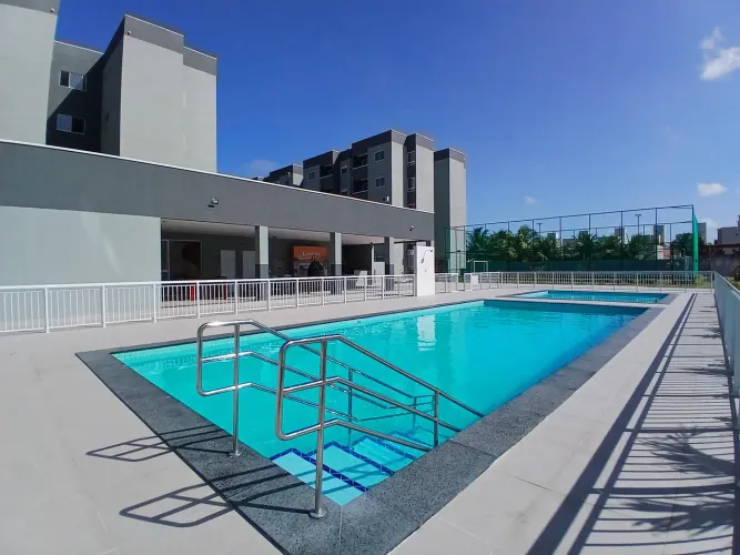 Apartamento com 47m², varanda, sala, 2 quartos (sendo 1 suíte), wc social, cozinha, área d