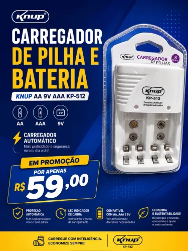 Carregador de pilha e bateria Knup AA 9v AAA KP-512