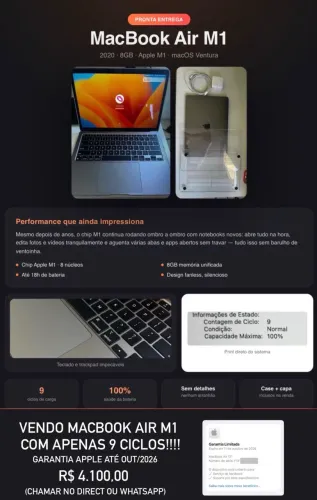 MacBook Air M1, com 9 ciclos!!! 2020, 8G, macOS Ventura