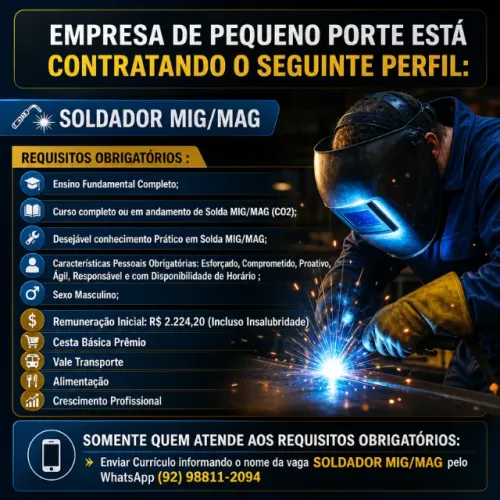 Contrata-se Soldador MIG/MAG / Pintor de Pistola / Auxiliar de Produção