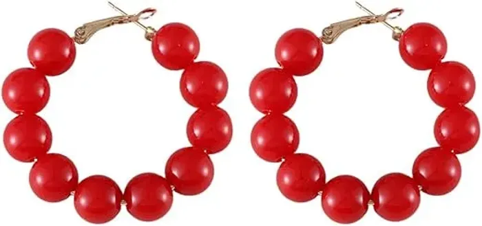 Brincos feminino Argola Grande com Contas Vermelho 4,5 cm (NOVO)