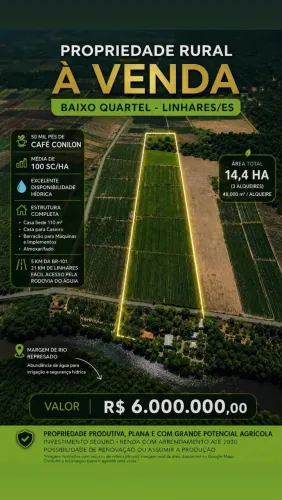 Área Rural 14,4 ha em Linhares/ES - Baixo Quartel - Água e Excelente Acesso
