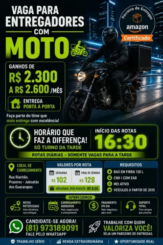 Entregador - Motos Com Baú em Fibra - Ganhe de R$ 2.300 a R$ 2.600/mês