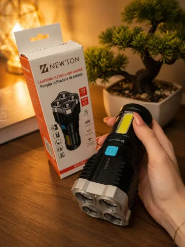 Lanterna LED Recarregável USB Potente 4 LEDs + Luz Lateral COB