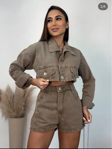 Conjunto Jeans Short e jaqueta Bege Marmore G