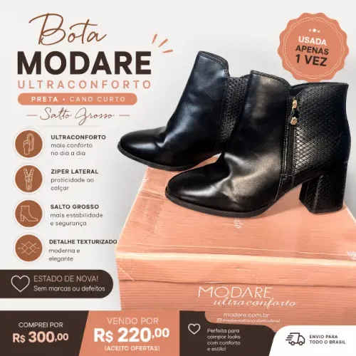 Bota Modare preta cano curto salto grosso ? usada 1 vez tamanho 39