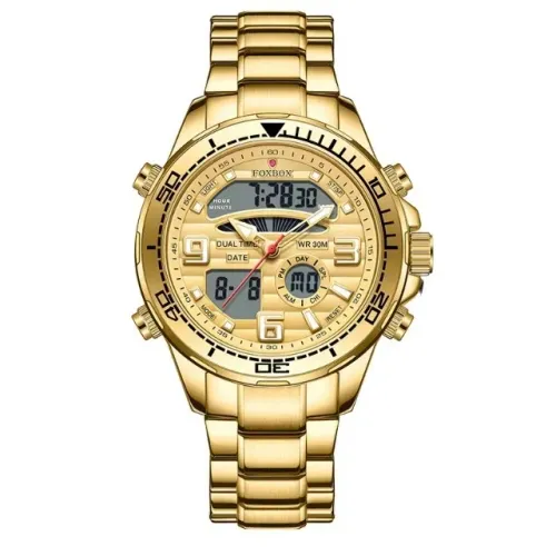 Relógio FoxBox Movimento Eletrônico Quartzo Masculino Esportivo Dourado Pulseira Caixa Aço