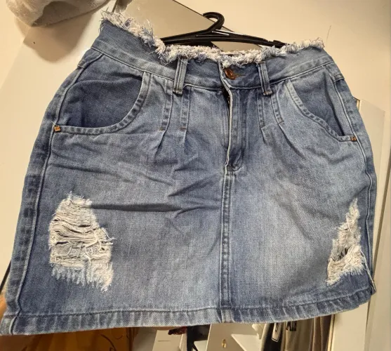 Saia Jeans Destroyed Cintura Alta - Estilo Paper Bag