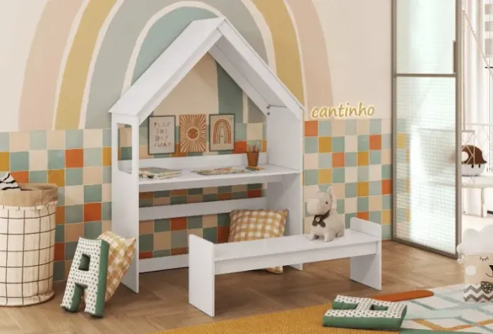 Mesa + Banquinho Infantil Casinha em MDF - Praia Moveis 