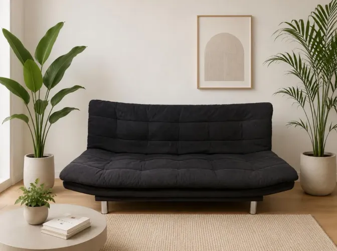 Sofá cama suede preto cromado