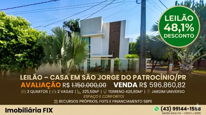 Espaço e conforto! Casa com 3 quartos e excelente terreno em São Jorge do Patrocínio.