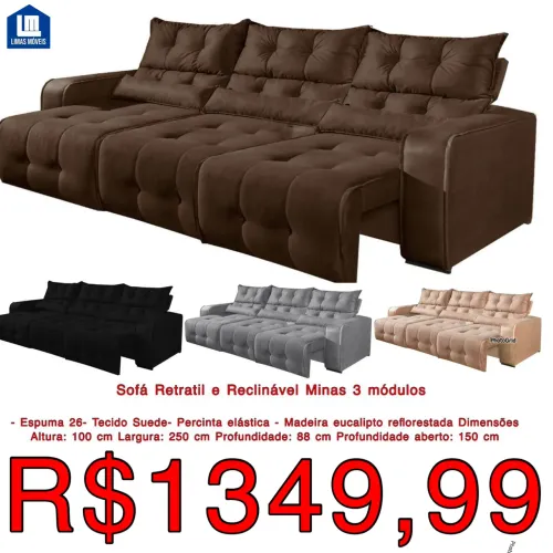 Sofá retrátil e reclinavel 2.50m várias cores / frete grátis / pague na entrega
