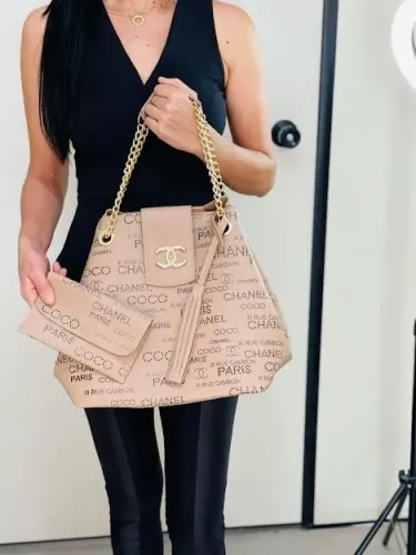 Bolsa Channel Sacola 2 Peças Alça e Metal Dourado