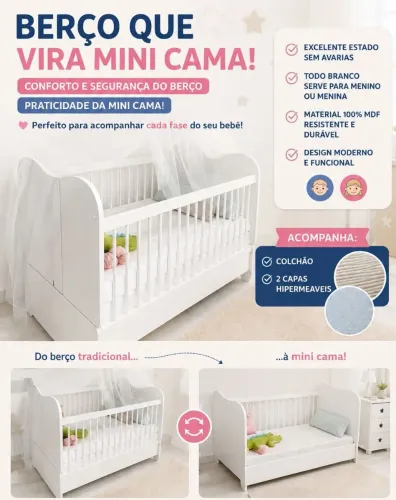 Berço cama + colchão + 2 capas hipermeaveis