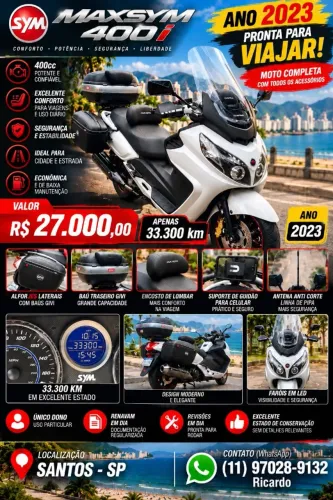 SYM MAXSYM 400i 2023 - Único Dono - Completa com Baús - Santos/SP