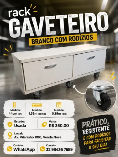 Rack gaveteiro branco com rodinha rodízio