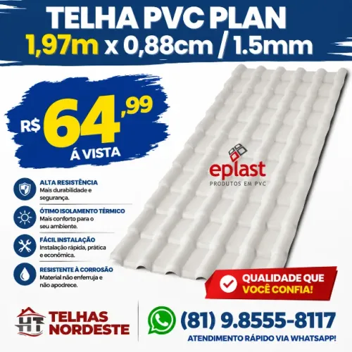 Telha PVC plan 1,97 x 0,88cm / 1.5mm (Promoção) Cinza