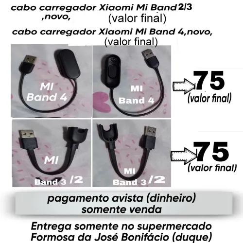 Cabo carregador Xiaomi Mi Band 2/3 e 4 novos r$75 cada um