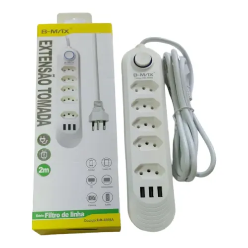 EXTENSÃO ELETRICA COM 5 TOMADAS E 3 USB CABO 2M BMAX BM 8695