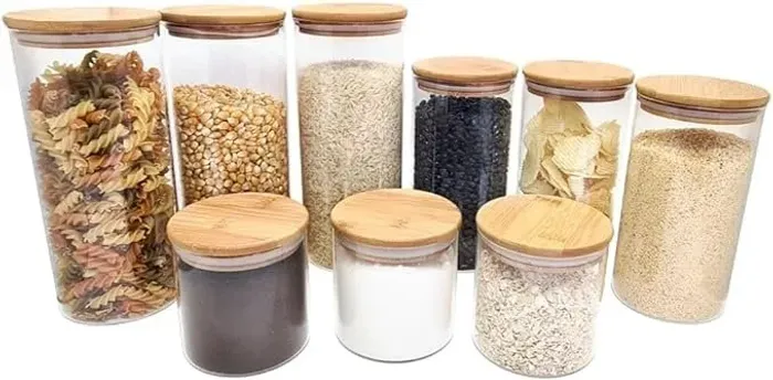  Kit de 9 Potes de Vidro Herméticos Tampa de Bambu - Oikos