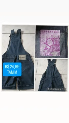 Jardineira jeans escuro com zíper lateral - TAM M