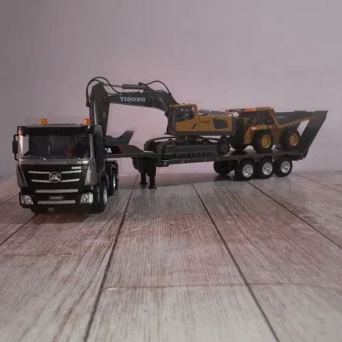 Kit: escavadeira, caçamba de mineração e carreta prancha de controle remoto ORIGINAL