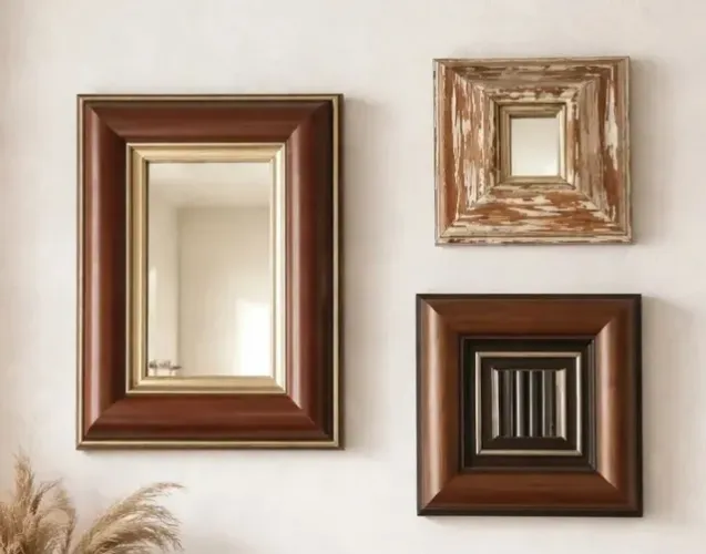 3 espelhos decorativos com moldura em madeira trabalhada
