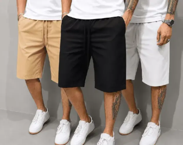 Bermuda Sarja Masculina Premium Slim Fit com Elastano Confortável Casual Cores Preta Bege