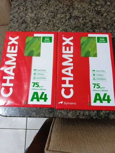 Papel sulfite A4 chamex 75g com 500 folhas  1 pacote R$ 30 2 pct R$ 50.00