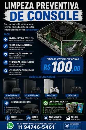 Limpeza e troca de pasta de consoles, desbloqueio de ps3 e jogos para Xbox 360.