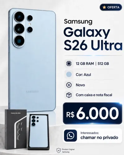 Samsung Galaxy S26 Ultra, versão 12 GB RAM + 512 GB de armazenamento, cor Azul.