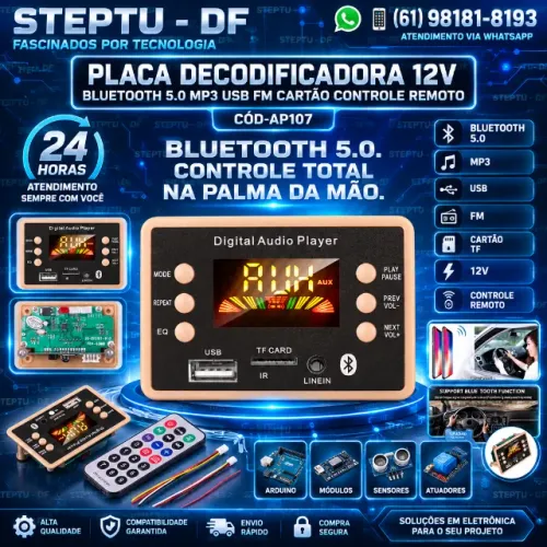 Placa Decodificadora 12v Bluetooth 5.0 mp3 Usb Fm Cartão Controle Remoto COD-AP107