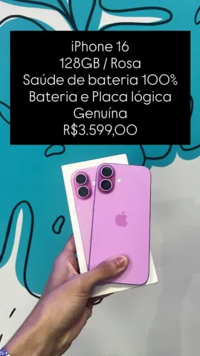 Seminovo: iPhone 16 128GB / Rosa / Saude de Bateria 100% bateria e placa log genuina - Loj