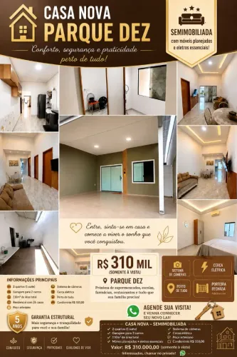 Casa Nova| Semi Mobiliada| Parque Dez| 2 Quartos Suíte Garagem 2 Carros R$ 310 MIL