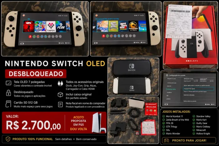 Nintendo Switch OLED Desbloqueado + SD 512GB Completo | R$ 2.700