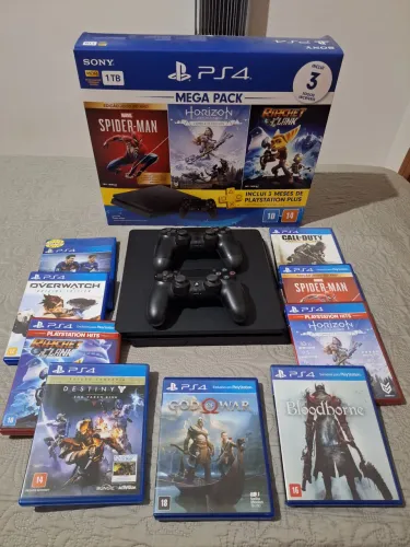 PS4 Slim 1TB Completo na Caixa + 2 Controles + 9 Jogos