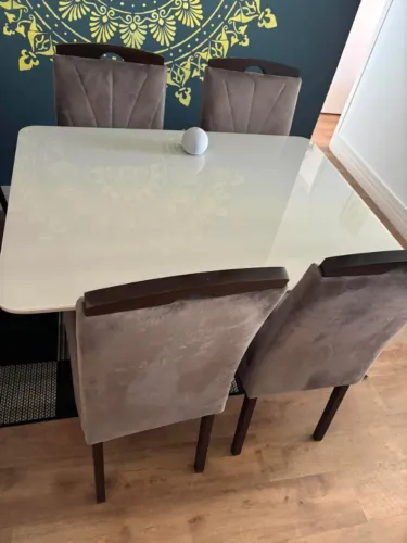 Mesa de Jantar Retangular c/ Vidro para 4 Lugares Bennett 120 cm - Natural c/ Off White