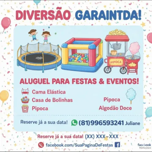 Cama Elástica + Casa de Bolinhas + Pipoca com Algodão Doce.