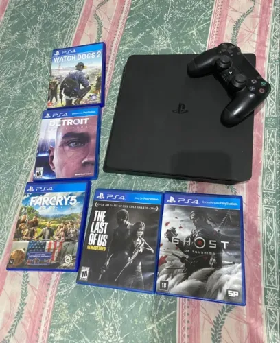 PS4 Slim 1TB + Controle + 5 Jogos Físicos + Caixa Original