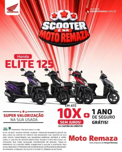 Honda Elite 125 0Km, ano 26/27, em 10x sem juros nos cartões de crédito