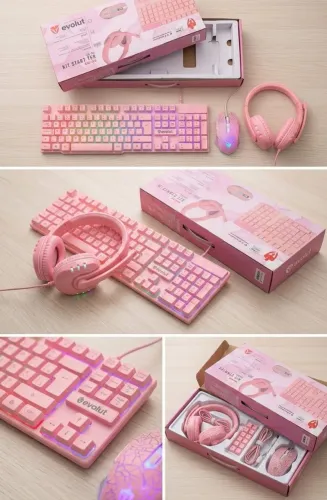 Kit Gamer Rosa Evolut (Teclado, Mouse e Headset) - Na Caixa / Excelente Estado