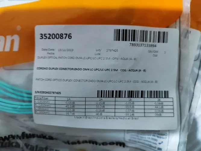 Patch Cord Óptico OM4 LC-LC 2,5m Duplex 50/125 LSZH 10G<br>Preço:<br>R$ 80,00