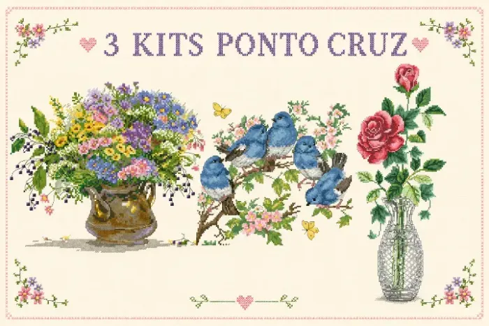 3 Kits para fazer Ponto Cruz (vem com linha, tela, agulhas e instruções)