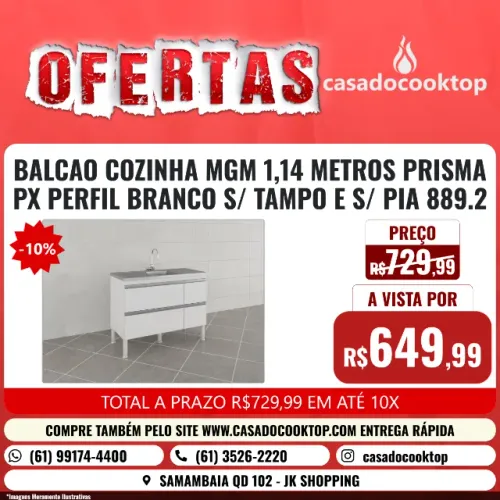 BALCAO COZINHA MGM 1,14 METROS PRISMA PX PERFIL BRANCO S/ TAMPO E S/ PIA  889.2