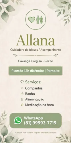 ACOMPANHANTE / CUIDADORA DE IDOSO - CAXANGÁ E REGIÃO
