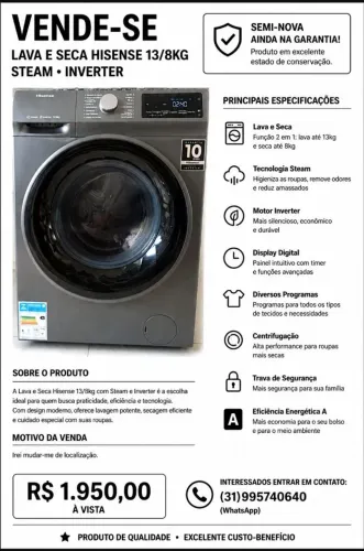 Vende-se lava e seca Hisense 13/8kg semi-nova 