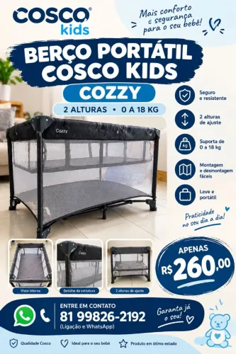 Berço Portátil Cosco Kids, Cozzy, 2 Alturas, 0 a 18 kg, Cinza Lápis