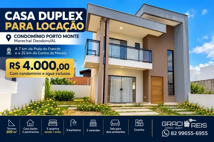 Casa Duplex para Aluguel, no Condomínio Porto Monte Marechal Deodoro/AL | R$ 4.000,00