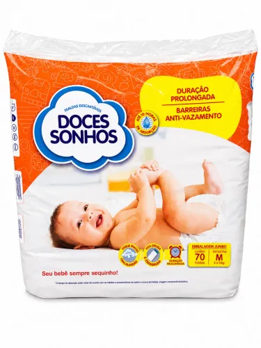 Fraldas Doces Sonhos Tamanho M | 70 Unidades | Embalagem Jumbo