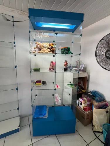 Vitrine grande com 11 nichos e luminaria, medindo 2,10 x 0,90